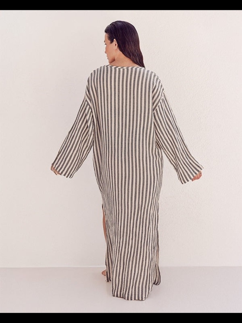 Kiltan Gauze Cover Up Striped V-Neck Maxi Caftan Dress - Neutral Stripe One Size - Picture 4 of 6